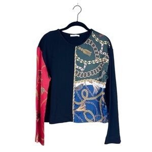 Zara Womens Black Red Colorblock Contrasting Chain Print Terry Pullover Size S